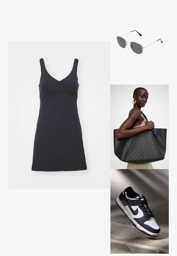 Mustvalge ilma varrukateta kleit, mis on valmistatud siledast kangast ja millel on V-kaelus ning sobiv bodice, mis voolab kergelt laienevasse seelikuosa.; Mustvalge Nike Dunk Low tossud nahast ülaservaga, perforatsioonidega varbakoht ja mustad kengid, valge tallaga ja logo aktsentidega.; Kuldne metallraamiga prillid tumeroheline lensega, piloot-stiil, millel on õhukesed käepidemed ja kilpkonna mustriga aktsendid otstes.; Mustmelne kott geomeetrilise mustriga, valmistatud tekstureeritud materjalist. Omab tugevaid käepidemeid ja sildikest, struktureeritud kuju.