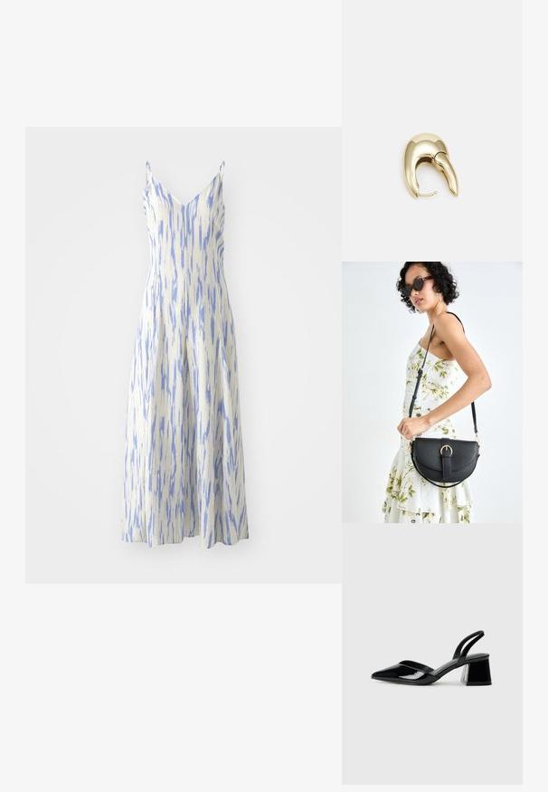 Rochie midi fără mâneci, cu decolteu în V, realizată dintr-un material alb texturat, cu dungi verticale albastre, având o siluetă evazată.; Pantofi cu toc slingback din piele lacuită neagră, cu vârf ascuțit și toc geometric. Prezintă un design elegant, minimalist și o textură netedă.; Geantă din piele neagră, cu o formă curbată, curea detașabilă și accesorii aurii. Geanta are un capac cu un detaliu tip cataramă.; Cercei din metal de culoare aurie cu un design elegant și curbat. Prezintă o formă distinctivă, ascuțită, o suprafață lustruită și un sistem de închidere cu balama.
