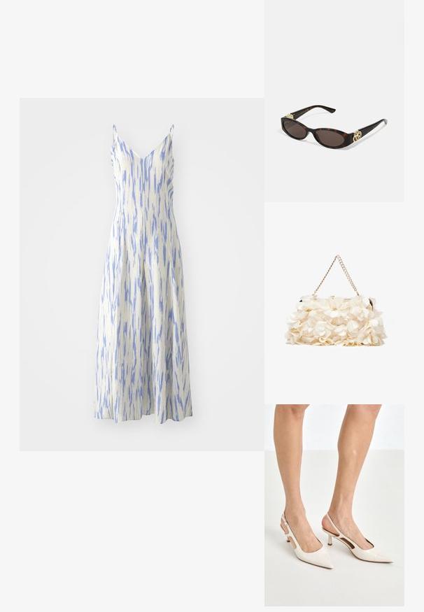 Ujjatlan midi ruha V-nyakkivágással, texturált fehér anyagból, kék függőleges vonalakkal mintázva, bővülő fazonban.; Beige patent bőr slingback magassarkúk hegyes orral és 5 cm-es sarokkal, kivágott oldalakkal és vékony bokapánttal.; Tortából készült napszemüveg, hosszúkás ovális lencsékkel, barna színű árnyalattal, arany logóval a fülkagylón, és karcsú fekete szárakkal.; Fehér virágmintás kézitáska gyűrt szövet felülettel, aranyszínű lánccal és fémetaljzattal. Textúrázott szirmokkal készült a részletesebb megjelenés érdekében.
