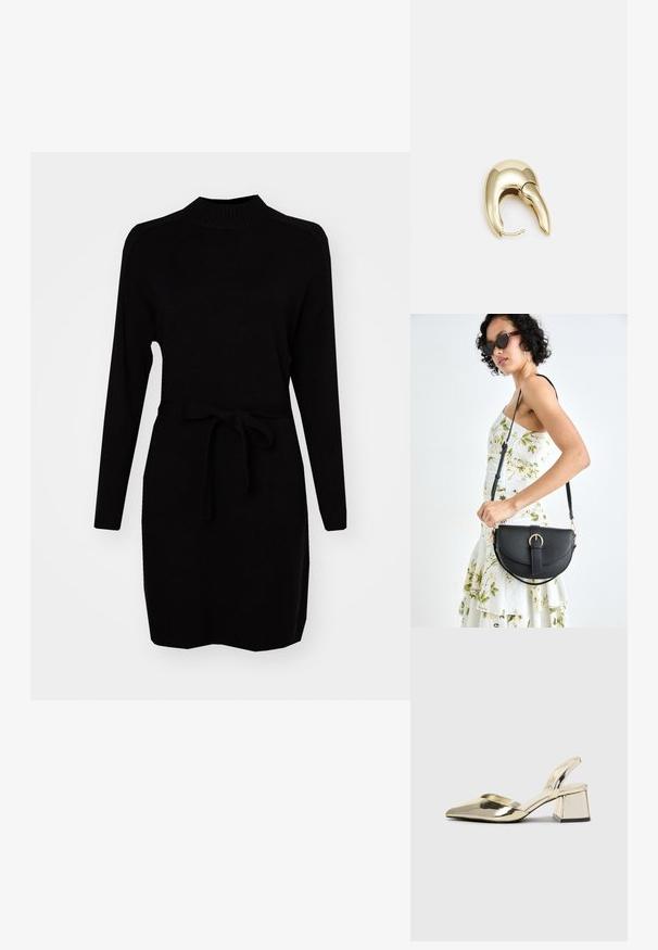 ONLY ONLLEVA BELT - Robe pull - black; Talons aiguilles dorés métalliques avec un bout pointu et un talon épais. Texture lisse, design minimaliste et une fine bride.; Sac à main en cuir noir avec une forme courbée, bandoulière amovible et des accessoires en or. Le sac est doté d'un rabat avec un détail de boucle.; Boucle d'oreille en métal doré avec un design élégant et courbé. Présente une forme conique distinctive, une surface polie et une fermeture à charnière.