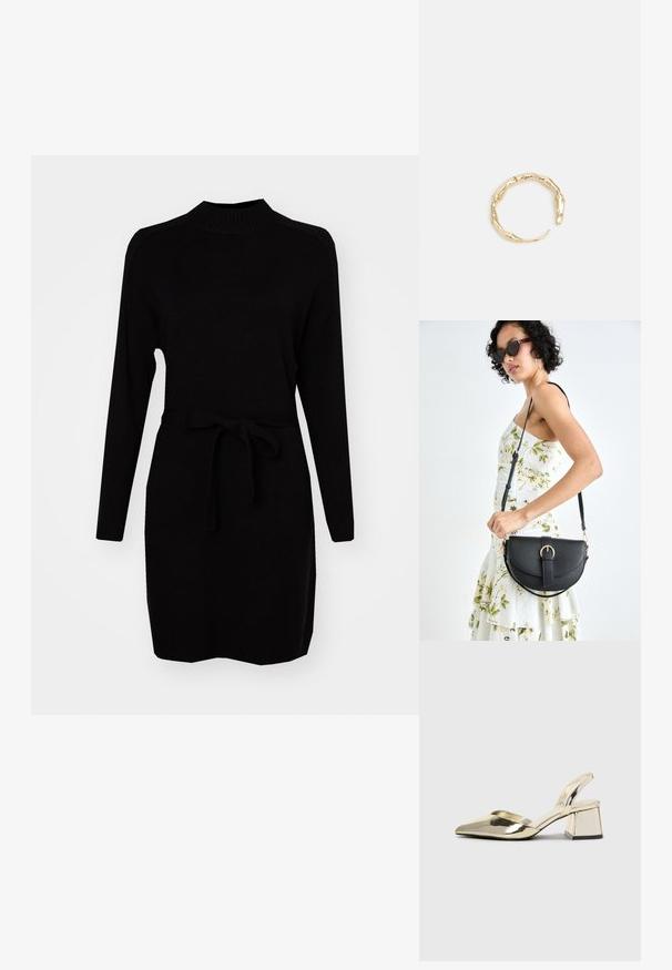 ONLY ONLLEVA BELT - Sarafanas - black; Auksiniai, metaliniai slingback aukštakulniai bateliai su smailiu pirštu ir masyviu kulnu. Lygus paviršius, minimalizmo dizainas ir siaura juostelė.; Juodas odinis krepšys su išlenkta forma, nuimamu dirželiu ir auksiniais detalėmis. Krepšys turi kilpą su sagtimi.; Auksinės spalvos žiedas, turintis organišką, sukimosi dizainą su lygiu paviršiumi ir siaurėjančiais galais, sukuriantis modernią skulptūrinę išvaizdą.