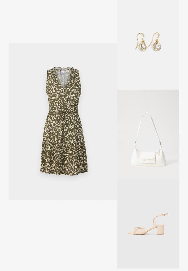 GAP ZEN EWAIST - Dnevna haljina - olive floral; Bež sandale s potpeticom na remenčiće, kvadratnom nosu, uvijenim dizajnom sprijeda, naramenicom oko zapešća i blok potpeticom. Glatka tekstura, minimalistički stil.; Bijela sintetička torbica s trokutastim oblikom, ravnim prednjim poklopcem i detaljem u obliku mašne, podesivom remenom, glatkom teksturom i minimalističkim dizajnom.; Zlatne naušnice s ovalnim prozirnim kristalima okruženim manjim prozirnim kamenčićima, s dizajnom na kuku za sigurno nošenje.