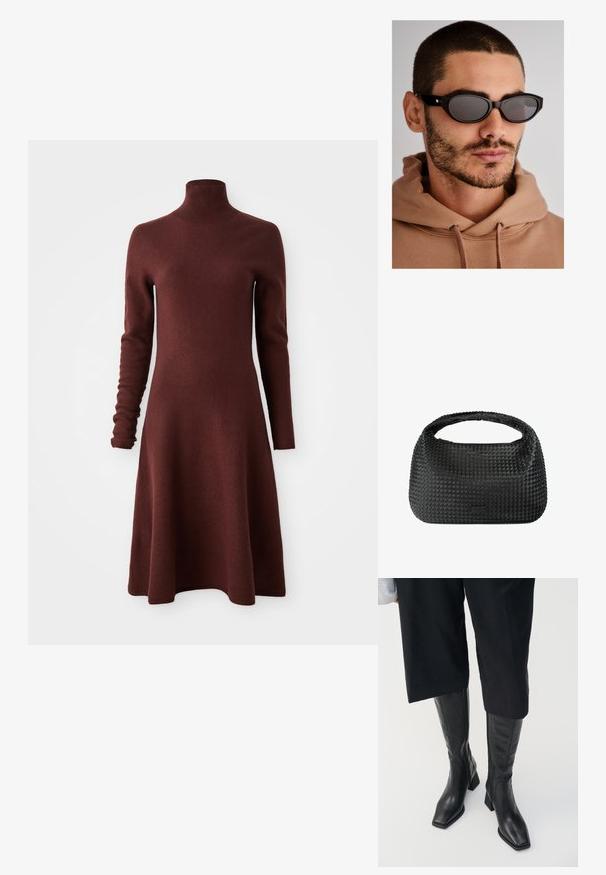 Rochie tricotată cu mâneci lungi, guler înalt, de culoare burgundy, cu fustă evazată, prezentată pe un fundal alb.; Cizme negre din piele până la genunchi, cu vârful pătrat și toc pătrat. Au un fermoar lateral și o textură netedă.; Ochelari de soare negri cu o formă ovală a lentilelor, lentile de culoare închisă și un râmă groasă. Accente subtile din metal auriu pe tige.; Geantă de mână împletită, de culoare neagră, cu o formă rotundă, suprafață texturată și un singur toc superior. Dispune de un design elegant și minimalist, fără hardware vizibil.