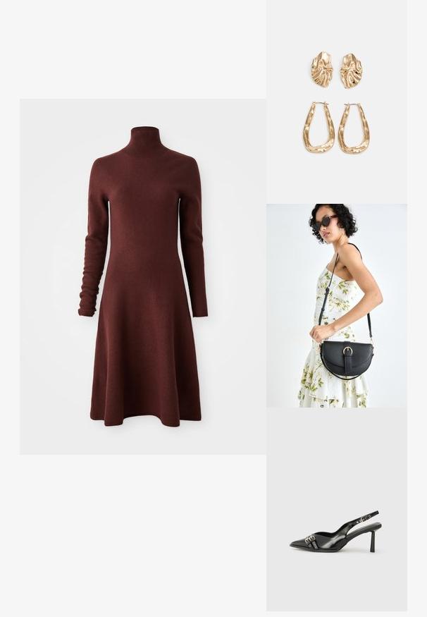 Ilga rankovė, aukštu kaklu, burgundiško vyno spalvos megztinis su platėjančia sijonu, pateiktas ant baltos fono.; Juodas lakuotas odinis batelis su smailiu pirštu, kulkšnies dirželiais su sidabrinėmis sagtimis ir detalėmis, bei plonu kulnu.; Juodas odinis krepšys su išlenkta forma, nuimamu dirželiu ir auksiniais detalėmis. Krepšys turi kilpą su sagtimi.; Auksinės auskarai, turintys tekstūruotus, bangų formos elementus. Įeina skulptūriniai segami auskarai ir atviri lankai su išmuštu paviršiumi.