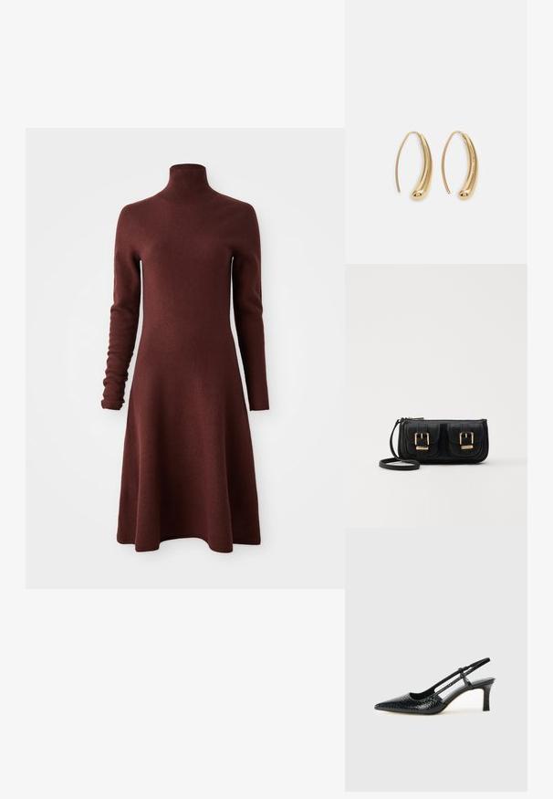 Dlouhé rukávy, vysoký límec, burgundská pletená šaty se zvonovou sukní, vystavené na bílém pozadí.; Černé lakované slingback podpatky s špičatou špičkou, zdobené texturovaným hadím vzorem, nastavovacím páskem a krátkým texturovaným blokovým podpatkem.; Černá kožená crossbody taška se dvěma předními kapsami, zlatými přezkami, zipovým uzávěrem a štíhlým popruhem. Texturovaný povrch a kompaktní obdélníkový tvar.; Náušnice ve tvaru kruhu z pozlaceného kovu s vroubkovaným, prodlouženým tvarem. Mají hladký, lesklý povrch a zaoblený konec pro zvýraznění detailu.