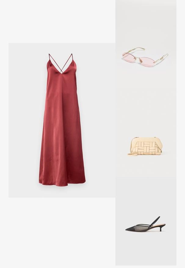 Mouwloze jurk met een diepe V-hals in bordeaux satijn. Heeft dunne gekruiste bandjes, een vloeiende silhouet en een zachte textuur.; NEOUS IRENA - Klassieke pumps - black; Gucci Zonnebril - gold-coloured/pink; Geweven beige handtas met een gestructureerd ontwerp, voorzien van een gladde bovenkant en een lange schouderband. Textuurdetails verbeteren het algehele uiterlijk.
