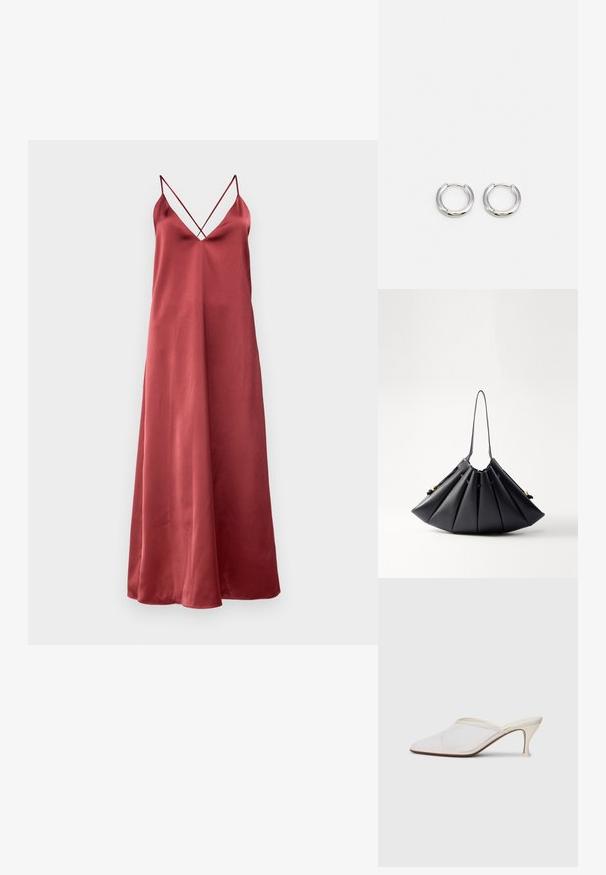 Robe sans manches en satin bordeaux avec décolleté en V profond. Présente de fines bretelles croisées, une silhouette fluide et une texture lisse.; Mule blanches en mesh avec un bout pointu, un talon moyen élancé et un design à enfiler, sur un fond uni.; Sac à main plis noirs en cuir lisse, comportant une seule poignée, des accents dorés et une forme géométriquement structurée.; Boucles d'oreilles en argent à finition polie, présentant une forme circulaire et une fermeture à charnière, mettant en avant un design épuré et minimaliste.