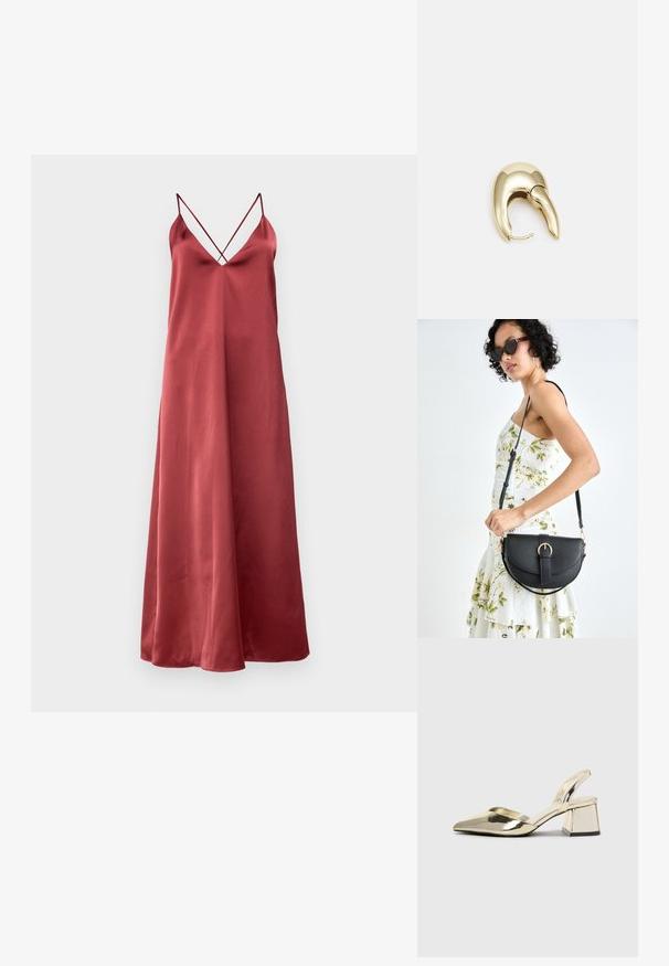 Haljina bez rukava, dubokog V izreza u burgundskom satenu. Ima tanke križane naramenice, lepršavi kroj i glatku teksturu.; Zlatni metalik slingback sandali s šiljatim vrhom i debelim potpeticama. Glatka tekstura, minimalistički dizajn i uski remen.; Crna kožna torba s lukovitim oblikom, odvojivim remenom i zlatnim detaljima. Torba ima preklop s kopčom.; Zlatne metalne naušnice s elegantnim, zakrivljenim dizajnom. Imaju karakterističan šiljast oblik, poliranu površinu i zatvaranje na šarku.