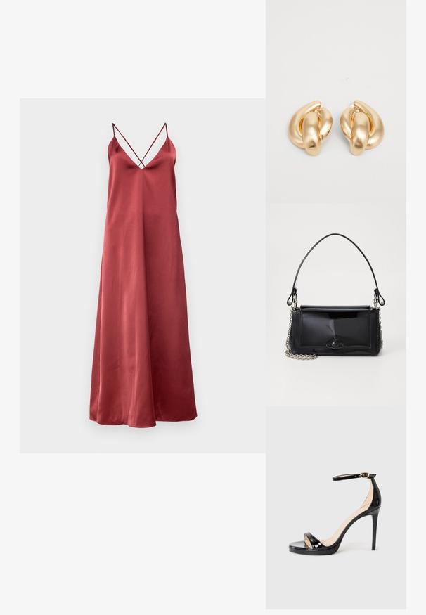 Abito senza maniche con scollatura a V profonda in satin bordeaux. Presenta sottili spalline incrociate, silhouette fluida e texture liscia.; Sandalo con tacco alto in vernice nera, con cinturino alla caviglia e fibbia dorata, punta aperta e tacco a stiletto sottile, su sfondo neutro.; Borsa a tracolla in vernice nera con forma rettangolare, tracolla a catena e un distintivo accessorio in metallo al centro. Texture liscia.; Orecchini in metallo color oro con un design intrecciato, una superficie liscia e lucida e forme arrotondate. Ciascuno misura circa 5 cm.