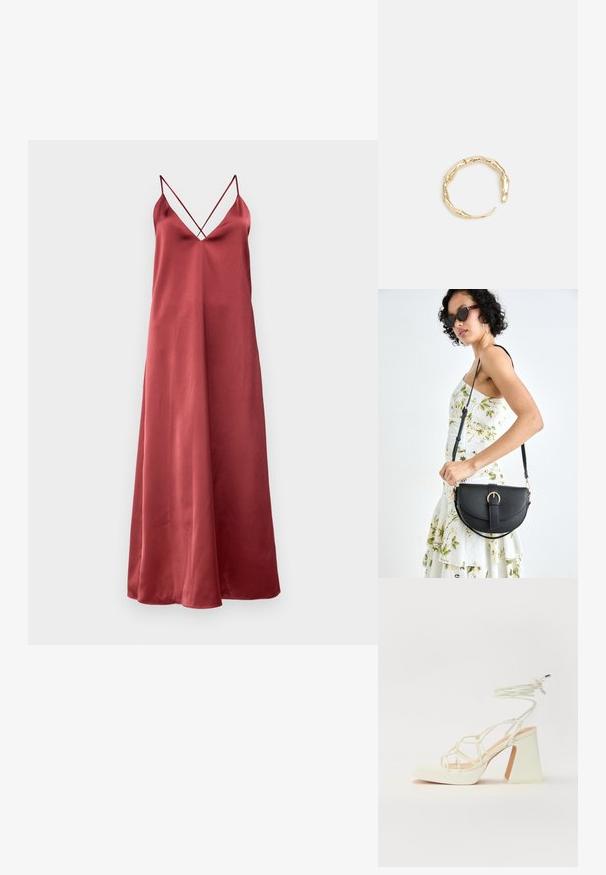 Bez rękawów, sukienka o głębokim dekolcie w kształcie V w kolorze burgundowym z satyny. Charakteryzuje się cienkimi, krzyżującymi się ramiączkami, zwiewnym krojem i gładką strukturą.; Biała sandał na wysokim obcasie z masywnym słupkiem, z paskowym wzorem i wiązaniem przy kostce. Gładka faktura z platformą z przodu dla dodatkowej wysokości.; Czarna skórzana torebka o zakrzywionym kształcie, z odpinanym paskiem i złotymi akcentami. Torebka posiada klapę z zapięciem w kształcie klamry.; Pierścionek w odcieniu złota z organicznym, skręconym wzorem, o gładkiej fakturze i zwężających się końcach, tworzący nowoczesny, rzeźbiarski wygląd.