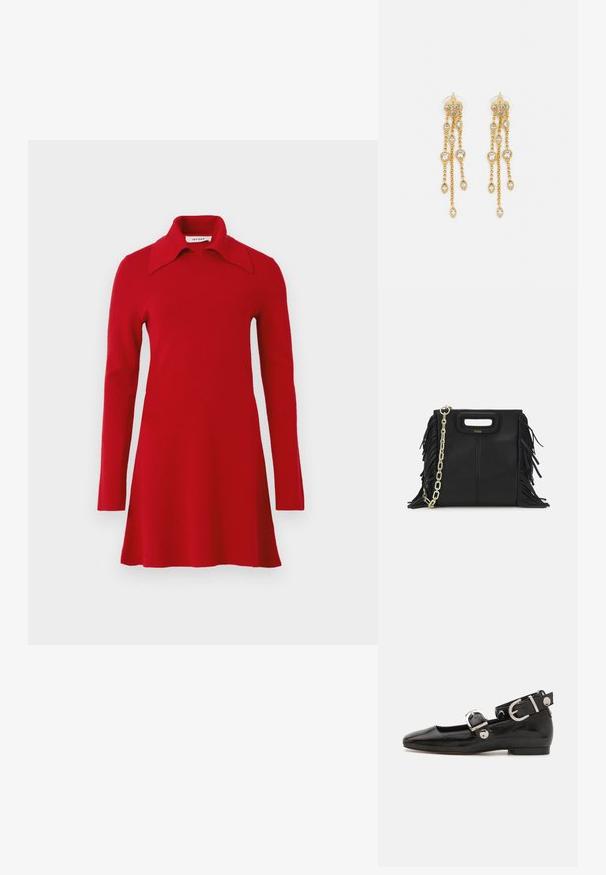 Ilga raudona megzta suknelė su plačiu smailu apykakliu, išsipučiančiu hemu ir paprastu dizainu, pateikta ant vienodo fono.; Juodas lakinės odos plokščias batelis su kvadratiniu pirštu, kulkšnies dirželiu su sidabro detalėmis ir plokščiu padu. Sklandus paviršius su minimalistišku dizainu.; Juodas odinis rankų darbo rankinys su frinzuotomis detalėmis, auksine grandinės petneša ir išpjauto dizaino rankena. Pirmoje pusėje yra logotipo vieta.; Aukso spalvos auskarai su keliais kaskadiniais grandinėlėmis, su skaidriais ovaliais kristalų akcentais ir dekoratyviniais auskarų priekiais.