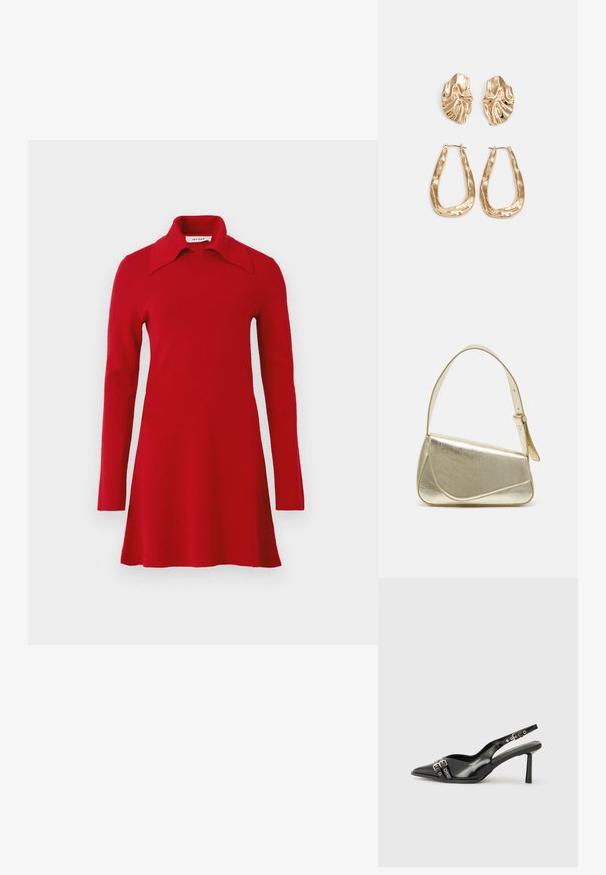 Vestido de malha vermelho de mangas compridas com um colarinho pontudo largo, bainha larga e design simples, exibido sobre um fundo simples.; Sapato slingback preto em pele patentada com bico apontado, tiras no tornozelo apresentando fivelas e acessórios prateados, e um salto elegante.; Bolsa de mão metálica dourada com um design estruturado, textura suave e alça ajustável. Apresenta uma forma triangular única e costura minimalista.; Brincos em tom de ouro com formas onduladas e texturizadas. Inclui studs escultóricos com presilha e um design de argola aberta com um acabamento martelado.