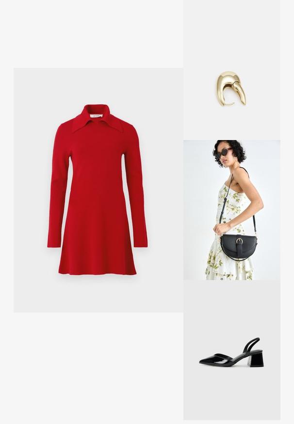 Dlouhý červený pletený šaty s širokým špičatým límcem, rozšířeným lemem a jednoduchým designem, vystavené na jednobarevném pozadí.; Černé lakované kožené lodičky na pásku s špičatou špičkou a geometrickým blokovým podpatkem. Vyznačují se elegantním, minimalistickým designem a hladkým povrchem.; Černá kožená kabelka s křivkovým tvarem, odnímatelným popruhem a zlatými detaily. Kabelka má klopu s přezkou.; Náušnice ve zlatém tónu z kovu s elegantním zakřiveným designem. Vyznačují se jedinečným špičatým tvarem, lesklým povrchem a závěsem na kloub.