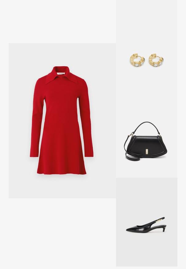 Rode gebreide jurk met lange mouwen, een brede spitse kraag, een uitlopende zoom en een eenvoudig ontwerp, weergegeven tegen een effen achtergrond.; Zwarte leren slingback hakken met een spitse neus, voorzien van een slanke hak en een goudkleurige accent op de verstelbare band. Gladde textuur.; Zwarte leren handtas met een gestructureerd ontwerp, featuring een verkorte vorm, bovenhandvat en gouden hardwareaccent. Inclusief verstelbare schouderband.; Gouden creolen met een getextureerd ontwerp en drie heldere kristalaccenten aan één zijde, wat een moderne geometrische esthetiek biedt.