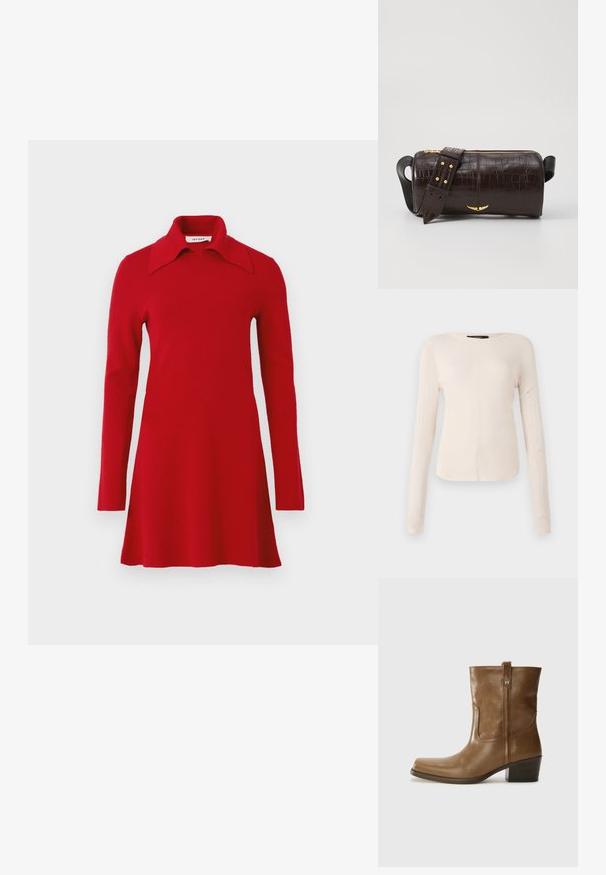 Hosszú ujjú vörös kötött ruha széles hegyes gallérral, harang alakú szegéllyel és egyszerű dizájnnal, sima háttér előtt bemutatva.; Hosszú ujjú, világos bézs blúz kerek nyakkivágással. Puha anyagból készült, középső varrással és enyhén ívelt szegéllyel rendelkezik. Nincs rajta látható fémrész.; Barna bőrből készült bokacsizma négyzet alakú orral, texturált felülettel és alacsony, rakott sarkával. Hátsó húzófüllel és finom varrási részletekkel rendelkezik.; Barna krokodilbőr hatású bőr táska henger alakú, arany tónusú fémveretekkel és lecsatolható, szegecsekkel díszített pánttal.