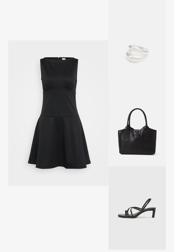 Črna drsna obleka iz raztegljive tkanine, brez rokavov, okrogel izrez, oprijet zgornji del, razširjen krilo, zadrga na hrbtu.; Črne natikače s trakovi in kvadratnim prstom ter nizkim blokastim peto. Imajo več tankih trakov in nastavljiv trak okoli gležnja. Narejene so iz gladkega usnja.; Črna usnjena torba s gladko teksturo, strukturirano obliko, dvema ročkama in izrazitim srebrnim sponko na sprednji strani.; Srebrn dvojni prstan z gladko, polirano površino. Ima tekoč, ukrivljen dizajn z prekrivajočimi se sekcijami za sodoben videz.