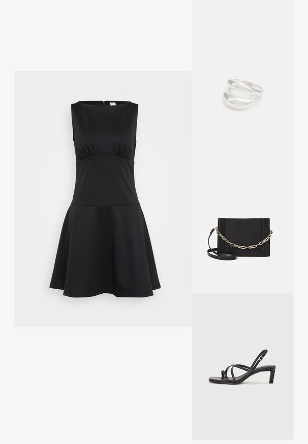 Juodas sportinis suknelė iš tamprios medžiagos, be rankovių dizainas, apvalus iškirpimas, prigludusi liemenė, skraidanti sijonas, užtrauktuko uždarymas gale.; Juodi šlepetės su kvadratiniu pirštu ir žemu bloku kulnu. Yra keli ploni dirželiai ir reguliuojamas kulkšnies diržas. Pagaminti iš lygios odos.; Juodas odinis per petį nešiojamas krepšys turi lygų paviršių, stačiakampio formą ir metalinę grandinėlę priekyje. Pridedama reguliuojama dirželis.; Sidabrinis dvigubas žiedas su lygiu, poliruotu paviršiumi. Pasižymi sklandžiu, kreiptu dizainu su persipinančiomis dalimis, suteikiančiomis modernų išvaizdą.