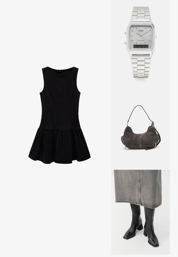 Černé bezramínkové šaty s přiléhavým živůtkem a rozšířenou skládáním sukní. Vyrobeno z měkké tkaniny, s kulatým výstřihem a bez ozdob.; Černé kozačky do půli stehen z hladké kůže se čtveratou špičkou a blokovým podpatkem. Nosené s šedou džínovou sukní s třepeným lemem.; Hobo taška v tmavě šedé semišové úpravě, zakřiveného tvaru, s horním uchopovacím držadlem a bočními zipy s kovovými úchyty. Hladká textura a viditelné švy.; Stříbrné kvartzové hodinky Casio s obdélníkovým ciferníkem, analogovým a digitálním zobrazením, nerezovým páskem a voděodolnými vlastnostmi.