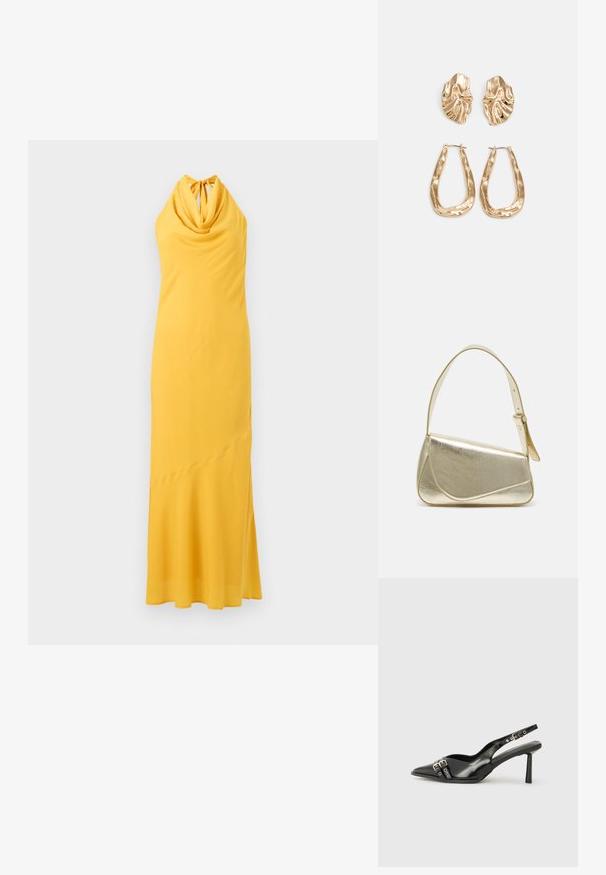 Gul halterneck-kjole med drapert cowl-halslinje, strømlinjeformet silhuett og subtil asymmetrisk fald. Laget av mykt, glatt stoff.; Sorte patentlær slingback-sko med spiss tå, ankelremmer med sølvspenner og detaljer, og en slank hæl.; Gullfarget metallisk håndveske med en strukturert design, glatt tekstur og justerbar stropp. Har en unik trekantet form og minimalistisk søm.; Gullfargede øredobber med teksturerte, bølgete former. Inkluderer skulpturelle klipsstuds og åpen hoop-design med en hamret finish.