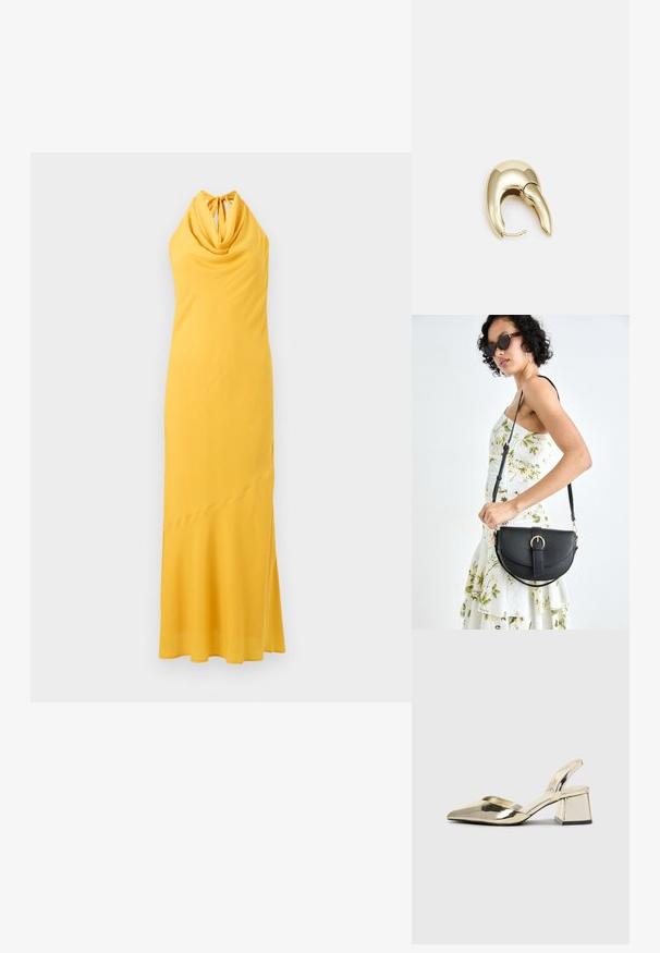 Kollane kaeluseta kleit, millel on voogav kurnatava kaeluse disain, saledat siluetti ja peen asümmeetriline äärejoon. Valmistatud pehmest ja siledast kangast.; Kuldne, metallilised slingback-kudumid terava varba ja paksu kontsaga. Sile tekstuur, minimalistlik disain ja kitsas rihm.; Mustmust mustraha kõverate joontega, eemaldatava rihmaga ja kuldsete detailidega. Kotil on klapp, millel on pandladetail.; Kuldtooni metallist kõrvarõngas, millel on elegantne ja kaarjas disain. Omab silmapaistvat teravat kuju, poleeritud pinda ja hingesulgemist.