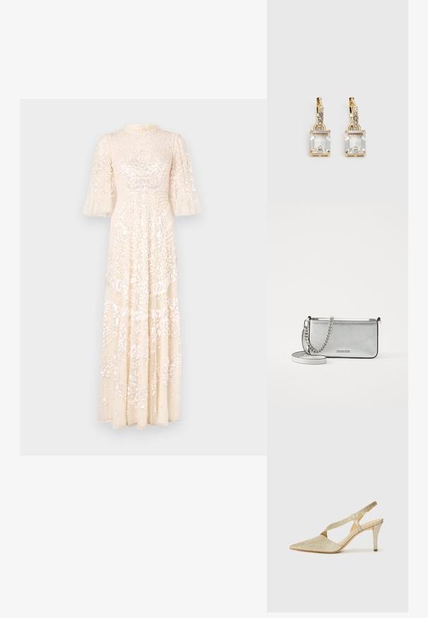 Pikk valge kleit puhvsete varrukatega, millel on tekstureeritud rinnaosa ja keerukas helmesdetail kogu kleidi ulatuses. Voogav kangas, elegantne disain.; Sädelevad kuldsed slingback kontsad terava ninaga, õhukese pahkluu rihmaga ja kitsa kandaga. Pinna peal on tekstuuriga metalliline viimistlus.; Hõbedane nahkne õlakott, millel on tekstuuriga viimistlus, ahel- ja rihmaaktsendid ning lukuga lukustus. Esiküljel on logo.; Kuldtooni kõrvarõngad, millel on ristkülikukujuline, selge kristall, mis ripub allapoole väikeste ümmarguste selgete aktsentide rida. Viimistletud, kaasaegne disain.