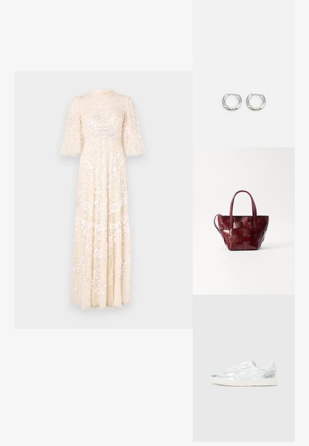 Robe longue crème avec des manches bouffantes, présentant un corsage texturé et des détails en perles complexes tout au long. Tissu fluide, design élégant.; Baskets blanches avec des accents argentés métalliques, texture lisse, bout rond, semelle plate et design classique à lacets.; Sac fourre-tout en cuir bordeaux tressé avec deux poignées courtes et une bandoulière amovible. Présente une forme structurée et une texture lisse.; Boucles d'oreilles en argent à finition polie, présentant une forme circulaire et une fermeture à charnière, mettant en avant un design épuré et minimaliste.