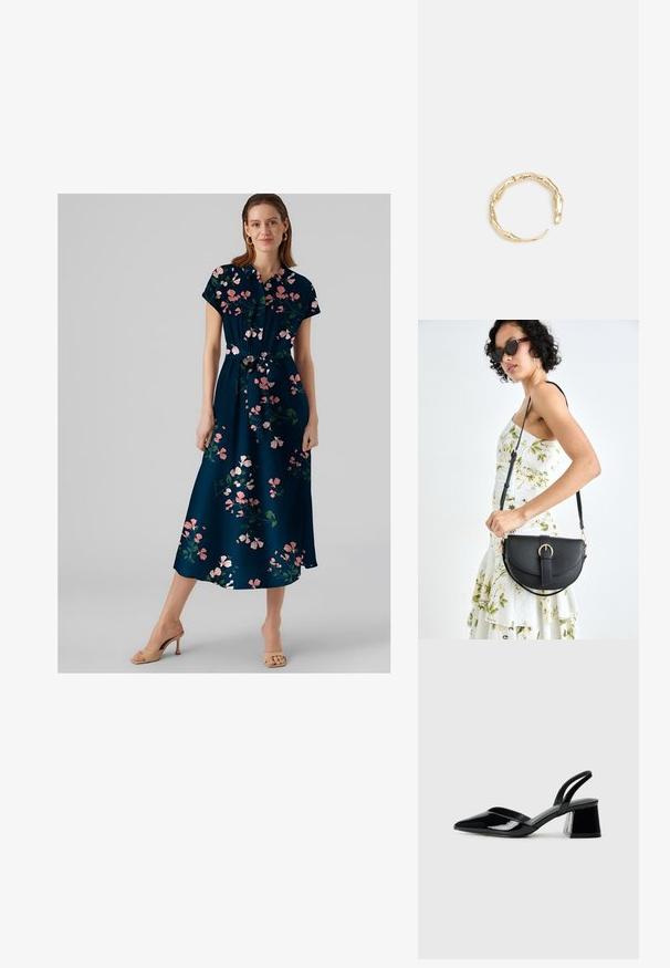 Tamsiai mėlyna gėlėta ilgą suknelė su trumpomis rankovėmis ir raišteliu juosmenyje. Puošnias rožines gėles ir laisvą siluetą.; Juodos lakuotos odinės šlepetės su smailiu pirštu ir geometriniu bloko kulnu. Turi elegantišką, minimalistinį dizainą ir lygų paviršių.; Juodas odinis krepšys su išlenkta forma, nuimamu dirželiu ir auksiniais detalėmis. Krepšys turi kilpą su sagtimi.; Auksinės spalvos žiedas, turintis organišką, sukimosi dizainą su lygiu paviršiumi ir siaurėjančiais galais, sukuriantis modernią skulptūrinę išvaizdą.