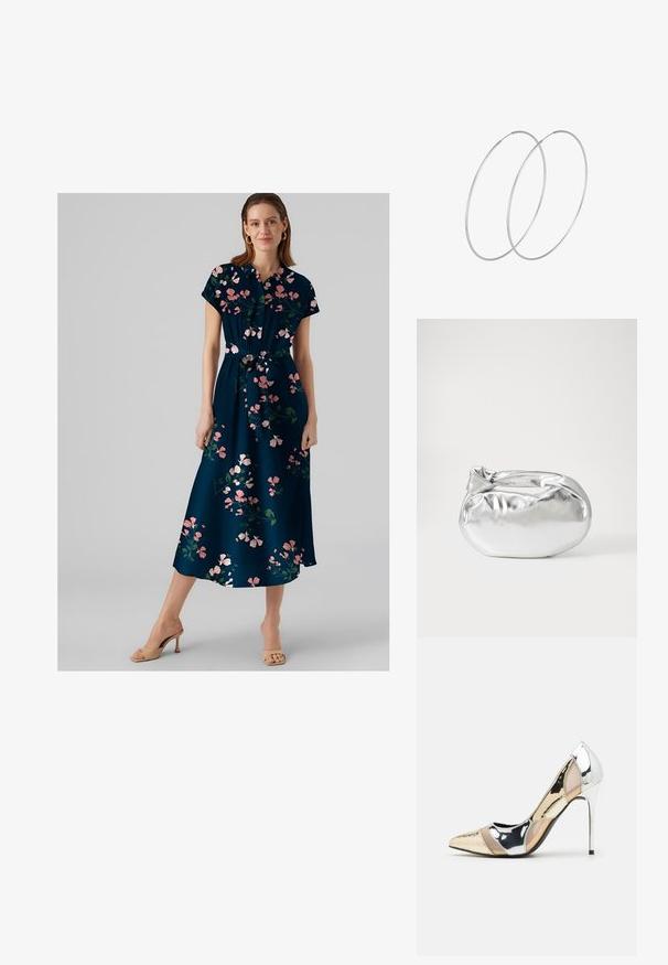 Floral maxi dress in navy blue with short sleeves and a tied waist. Features pink floral patterns and a flowing silhouette.; Pointed-toe high heel shoe with a silver, gold, and nude color scheme. Glossy finish with cutout design, featuring a stiletto heel.; Silver metallic pouch bag with a soft, rounded shape and a knotted top closure. Made from smooth faux leather material.; Silver hoop earrings with a minimalist design. Circular shape, smooth texture, and thin profile. Lightweight with a polished finish.