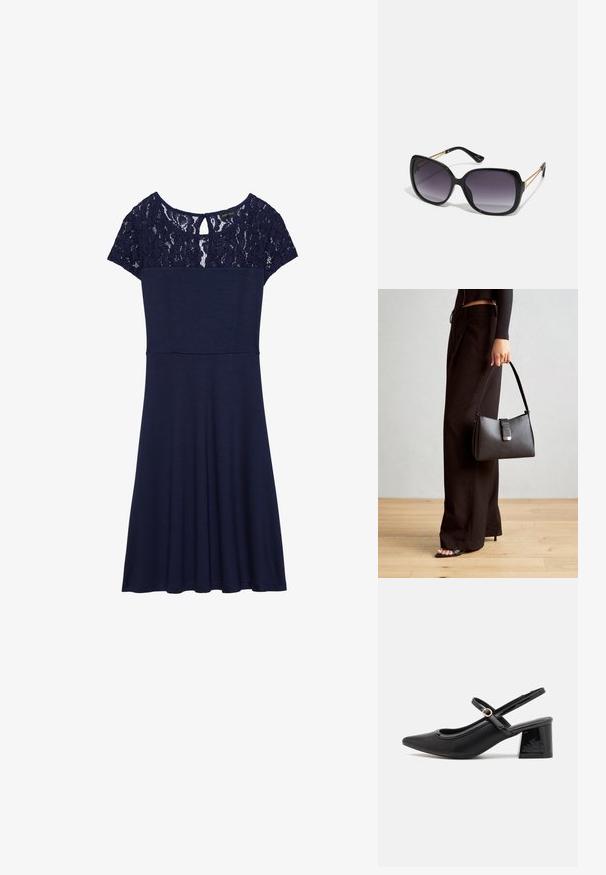 Tengerészkék ruha csipkés felsővel, rövid ujjal és fitted derékkal. Simogatós anyagból készült, áramló szoknyával. Kulcslyuk hátkivágás részlet.; Fekete lakk bőr, pántos magassarkú cipő, hegyes orral, lekerekített kivágással és tömbsarkal. Arany színű csat díszíti.; Fekete, oversize napszemüveg fokozatos árnyalatú lencsékkel, vastag kerettel és arany színű lánc díszítéssel a szárakon.; Fekete kézi táska strukturált formával, sima textúrával és fémből készült záródással. Széles fekete nadrággal és nyitott orrú szandállal párosítva, fából készült padlón.
