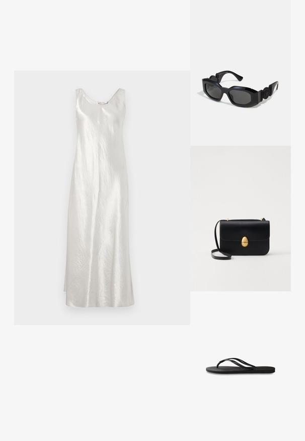 Max Mara Leisure TALETE - Vestido de cocktail / Vestido de festa - grigio perla; Chinelo preto com sola de borracha texturizada, duas tiras finas e um detalhe de logotipo discreto em relevo na tira.; Óculos de sol pretos com uma armação larga e angular e lentes escurecidas. Apresenta laterais texturizadas em preto e um detalhe de logo redondo na haste.; Bolsa de mão em couro preto com uma forma rectangular estruturada. Apresenta um fecho oval dourado e uma alça para o ombro fina. Textura suave.