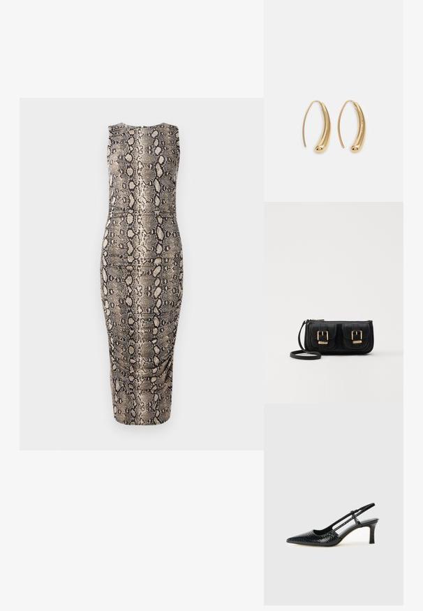 Sukienka bez rękawów, dopasowana, w wzór węża. Posiada odcienie beżu i czerni, gładką teksturę oraz długość do kolan.; Czarne lakierowane czółenka na obcasie typu slingback z wąskim noskiem, z teksturowanym wzorem wężowym, regulowanym paskiem oraz krótkim, teksturowanym obcasem w kształcie słupka.; Czarna skórzana torba na ramię z dwoma przednimi kieszeniami, złotymi klamrami, zamkiem błyskawicznym i cienkim paskiem. Teksturowana powierzchnia i kompaktowy prostokątny kształt.; Złote metalowe kolczyki w kształcie obręczy o zakrzywionym, wydłużonym kształcie. Posiadają gładką, błyszczącą powierzchnię oraz zaokrąglony koniec dla dodatkowego efektu.