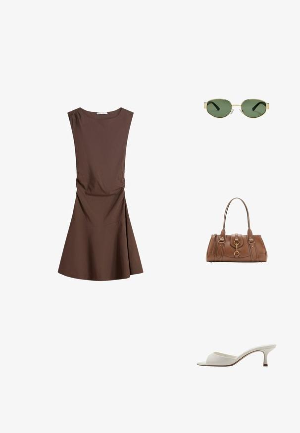 Brezrokavni rjav obleko do kolen z okroglim izrezom in rahlim stranskim gubanjem, razširjenim krilom na enobarvni beli podlagi.; Bele odprte visoke petke z gladko površino, minimalističnim oblikovanjem in vitko peto, ki ima subtilen rjav odtenek na podplatu.; Očala z zlatim kovinskim okvirjem, zelenimi lečami, ovalne oblike, črnimi uhani in prozornimi nosnimi blazinicami. Čist, minimalističen dizajn.; Rjava usnjena torba z dvema ročajema, zlatimi kovinskimi detajli in strukturirano zasnovo. Ima osrednjo preklopno zanko z detajlom zanko.