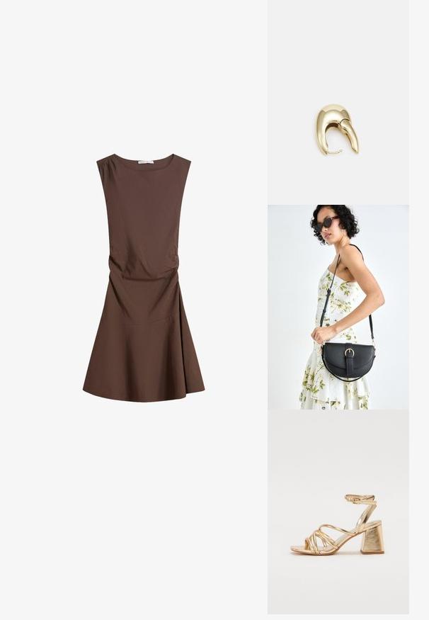 Brezrokavni rjav obleko do kolen z okroglim izrezom in rahlim stranskim gubanjem, razširjenim krilom na enobarvni beli podlagi.; Zlate kovinske sandale s peto, ki imajo zapleteno zasnovo, kvadratno blok peto in nastavljiv gležnjski trak z zaponko. Gladka tekstura.; Črna usnjena torbica s ukrivljeno obliko, z odstranljivo naramnico in zlatimi dodatki. Torbica ima pokrov s podrobnostmi v obliki zaponke.; Uhane nakit iz zlatastega tona z gladko, ukrivljeno zasnovo. Ima edinstveno koničasto obliko, polirano površino in zaponko s tečajem.