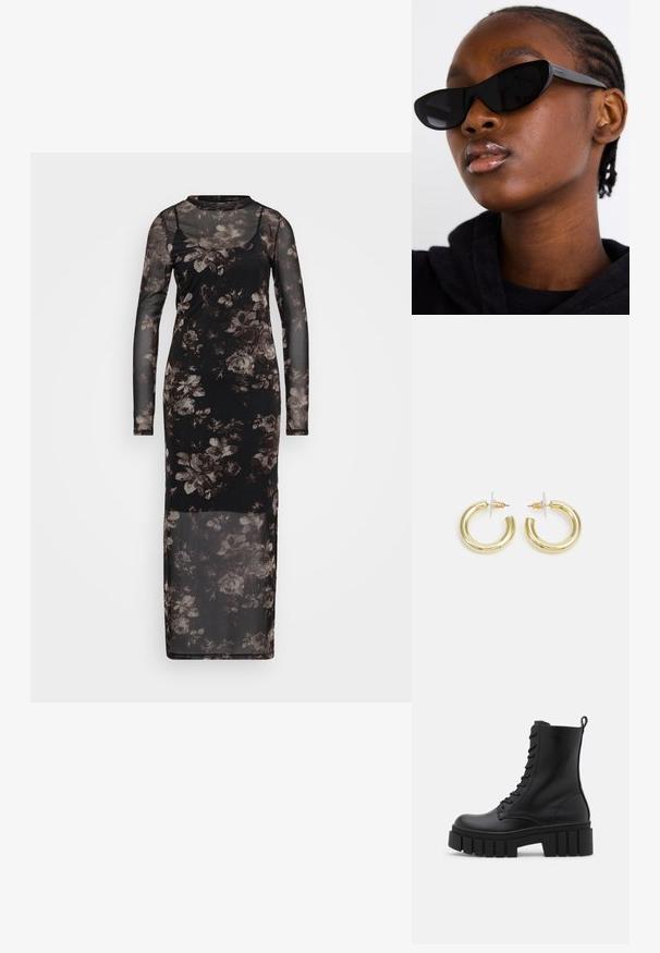 Musta verkkomekko pitkillä hihoilla, jossa on harmaan ja ruskean sävyissä kukkakuosi. Lattiahousuinen, mukautuva siluetti.; Mustat nahka nilkkurit, joissa on paksut, uritetut pohjat, nauhakiinnitys edessä ja vetotappi sileällä valkoisella taustalla.; Musta kissansilmäaurinkolasit, joissa on matta pinta, tyylikkäällä muotoilulla ja pehmeästi kaarevilla reunoilla, mallitummissa vaatteissa.; Kultaketjut kullasta, joissa on sileä, kiiltävä pinta. Pyöreä muotoilu, jossa on pieni tappi ja kirkas taustalevy turvalliseen käyttöön.