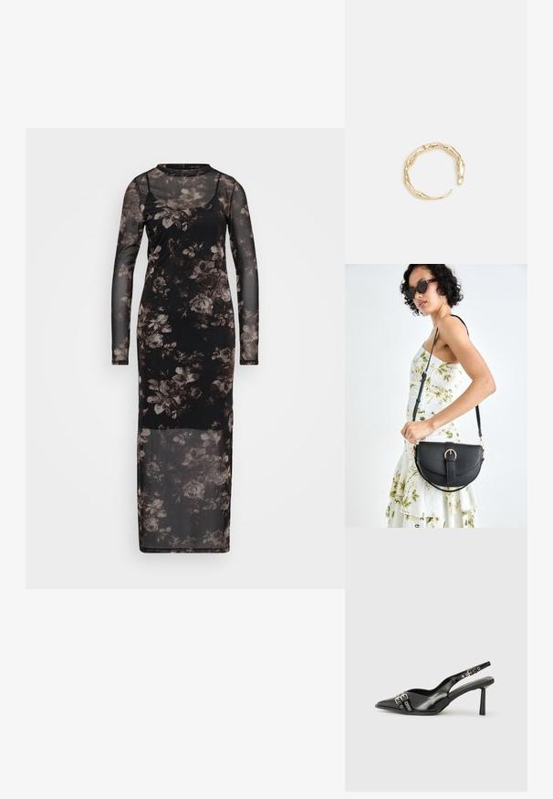 Crna mrežasta haljina s dugim rukavima, s cvjetnim uzorkom u nijansama sive i smeđe. Do poda, s prilagođenim siluetom.; Crna lakirana slingback cipela s izduženim vrhom, remenčićima oko gležnja s srebrnim kopčama i dijelovima, te vitkim potplatom.; Crna kožna torba s lukovitim oblikom, odvojivim remenom i zlatnim detaljima. Torba ima preklop s kopčom.; Prsten u zlatnoj nijansi s organskim, uvijenim dizajnom, glatkom teksturom i suženim krajevima, koji stvara moderan, skulpturalni izgled.