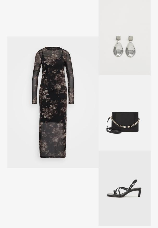 Musta verkkomekko pitkillä hihoilla, jossa on harmaan ja ruskean sävyissä kukkakuosi. Lattiahousuinen, mukautuva siluetti.; Mustat hihnalligat, joissa on neliön muotoinen kärki ja matala lohkokorko. Ominaisuuksiin kuuluu useita ohuita hihnoja ja säädettävä nilkkahihna. Valmistettu sileästä nahasta.; Musta nahkainen olkalaukku, jossa on sileä pinta, suorakulmainen muoto ja metalliketju yksityiskohtana edessä. Mukana säädettävä hihna.; Hopeakoru drop -korvakorut, joissa on neliömuotoinen nappi, sileällä, kiillotetulla pinnalla ja pisaran muotoisella designilla, heijastavat valoa kiiltävän pinnan kautta.