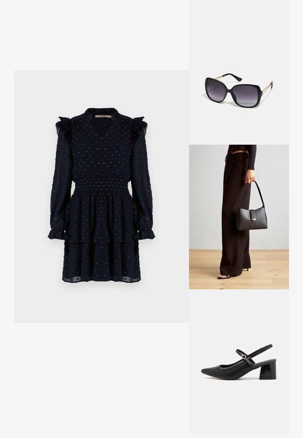 Μπλε ναυτικού φόρεμα με υφή υφάσματος, smocked μέση, βολάν μανίκια και φούστα σε στρώσεις. Διαθέτει χρυσές λεπτομέρειες σε όλο το σχέδιο.; Μαύρα παπούτσια γοβάκια από πατενταρισμένο δέρμα με γωνιαστό μπροστινό μέρος, στρογγυλή κοπή και τετράγωνο τακούνι. Διαθέτουν μια χρυσή αγκράφα ως διακοσμητικό στοιχείο.; Μαύρα υπερμεγέθη γυαλιά ηλίου με κλειστή βαθμίδα φακού, παχιά σκελέτη και λεπτομέρειες από χρυσή αλυσίδα στις βραχίονες του σκελετού.; Μαύρη τσάντα χειρός με δομημένο σχήμα, λεία υφή και μεταλλικό κούμπωμα. Συνδυασμένη με φαρδιά μαύρα παντελόνια και σανδάλια ανοιχτής μύτης πάνω σε ξύλινο πάτωμα.