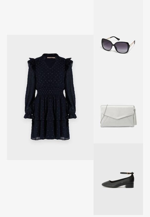 Jūras zilas krāsas kleita ar strukturētu audumu, savelkamām jostas daļām, volānu piedurknēm un slāņotu svārku. Dizainā ir zelta akcenti.; Melnas ādas sūkņi ar smailu purngalu un zemu bloku papēdi. Iezīmēts ar potītes siksniņu ar zelta krāsas sprādzi. Gluda tekstūra.; Melni pārmērīgi lieli saulesbrilles ar gradāciju lēcām, biezām rāmja malām un zeltainas krāsas ķēžu detaļām uz tempļiem.; Sudraba sintētiskās ādas maza soma ar aploksnes dizainu, ķēdes siksnu un pušķa detaļu vienā pusē, ar stūrveida šuvēm.