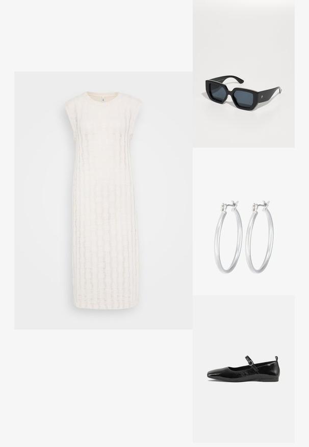 Balta ceļa garuma kleita ar teksturētu, svītru rakstu un īsām piedurknēm. Izgatavota no viegla auduma, kas nodrošina elpojamību.; Melna patentēta ādas dzīvokļu kurpe ar smailu purngalu, potītes siksniņu ar sprādzi un gludu, spīdīgu tekstūru. Zems papēdis komfortam.; Melnas lielas saulesbrilles ar ģeometrisku dizainu, taisnstūrveida lēcas un spīdīgu apdari. Uz priekša nav redzama zīmola.; Sudraba riņķveida auss gredzeni ar gludu, pulētu apdari. Apaļa forma un drošs klikšķa augšējais slēgums. Viegls dizains, kas piemērots ikdienas valkāšanai.