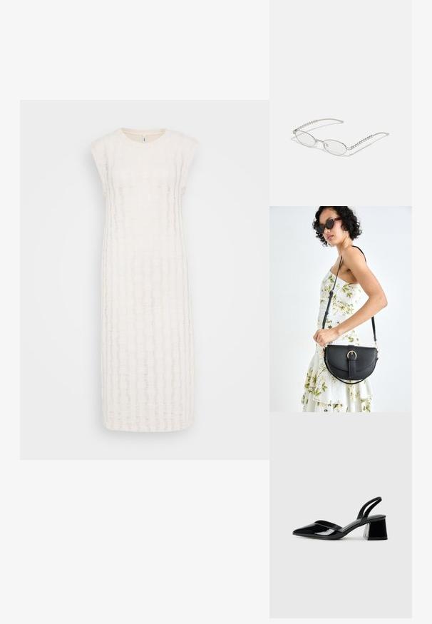 Fehér térdmegységű ruha texturált, csíkos mintával és rövid ujjakkal. Könnyű anyagból készült a lélegző képesség érdekében.; Fekete lakk bőr szandálkés magas sarkú cipő, hegyes orral és geometrikus tömbsarkakkal. Karcsú, minimalista dizájn és sima textúra jellemzi.; Ovális szemüveg fém ezüst kerettel, átlátszó lencsékkel és texturált gyöngyös szárakkal. Könnyű kialakítás ívelt karokkal.; Fekete bőrtáska ívelt formával, levehető pánttal és arany színű fémrészekkel. A táskán egy csattal díszített fedél található.