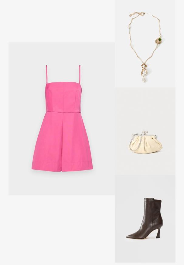 Vestido sin mangas de color rosa con un cuerpo ajustado y falda plisada. Confeccionado en una tela suave, presenta un cierre lateral oculto y detalles de costura mínimos.; Bota de cuero marrón oscuro de media caña con punta afilada, tacón curvado y delgado, y acabado suave sobre un fondo blanco.; Clutch de cuero beige plisado con un marco de metal plateado, que cuenta con dos broches decorativos redondos y una correa de cadena plateada.; Collar de tono dorado con eslabones retorcidos, perlas blancas y un acento de piedra verde. Presenta detalles intrincados y un broche para su cierre.