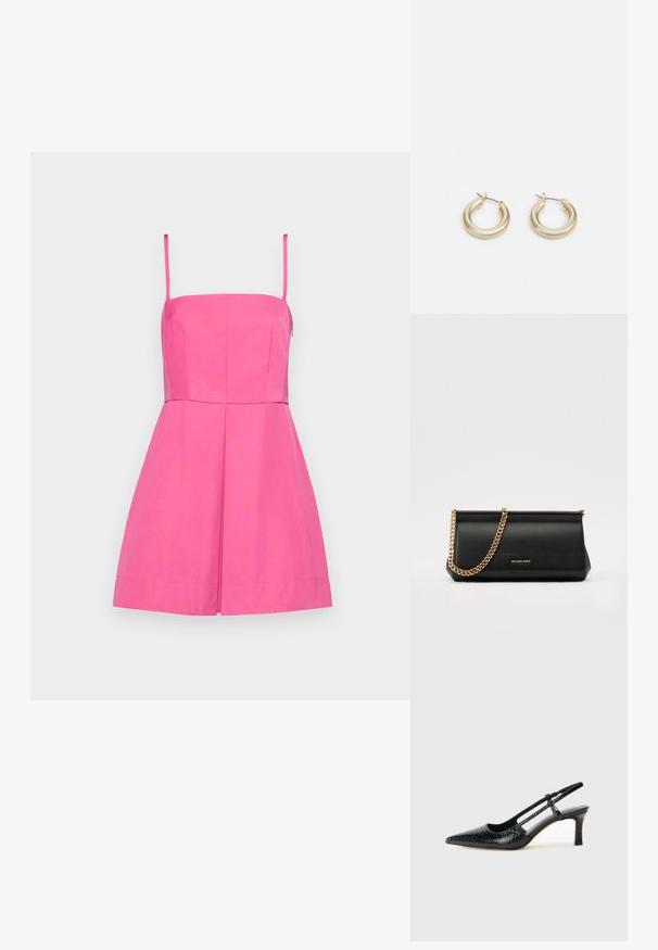 Vestido rosa sem mangas com um corpete justo e saia plissada. Feito de tecido suave, com um fecho lateral oculto e detalhes de costura mínimos.; Salto slingback em patente preta com bico apontado, apresentando um padrão de pele de cobra texturizado, tira ajustável e um salto bloco curto e texturizado.; Mala de mão de couro preta com uma alça de corrente dourada, apresentando uma textura suave, forma retangular e uma marca gravada na parte da frente.; Lauren Ralph Lauren BASIC SMALL HOOP - Brincos - gold-coloured