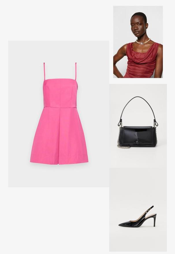 Roze mouwloze jurk met een aansluitend lijfje en geplooide rok. Gemaakt van gladde stof, met een verborgen zijrits en minimale stikdetails.; Zwarte gepatineerde leren slingback pump met een puntige neus, slanke hak en een subtiel uitgesneden ontwerp. Bevat een gouden gesp op de band.; Zwart gepatineerd leren handtas met een rechthoekige vorm, kettingband en een opvallend hardwareaccent in het midden. Gladde textuur.; Kraagloze, diep rode jurk met een gladde textuur. Voorzien van een parelketting met een decoratieve zilveren accent in het midden.