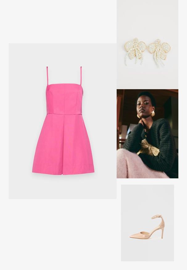 Różowa sukienka bez rękawów z dopasowanym gorsetem i plisowanym dołem. Wykonana z gładkiego materiału, z ukrytą suwakiem po boku i minimalnymi detalami szwów.; Nude lakierowane buty na szpilce z odkrytym palcem i paskiem wokół kostki, charakteryzujące się gładką fakturą i minimalistycznym designem.; Loeffler Randall PLEATED FRAME WITH BOW - Kopertówka; Kolczyki w kształcie kwiatu z perłami i złotymi akcentami. Każdy płatek zdobiony jest małymi, okrągłymi perłami ułożonymi w kwiatowy wzór, z opadającymi detalami z pereł.