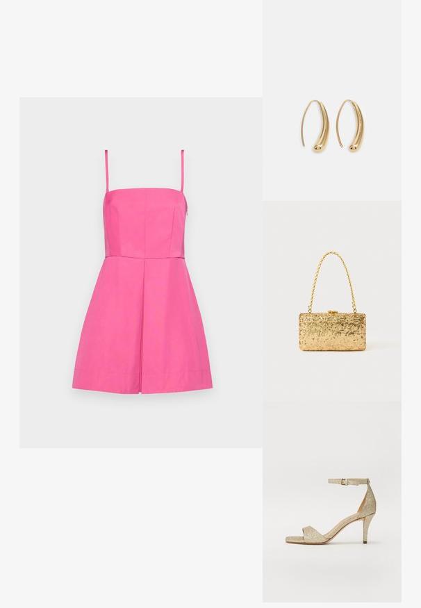 Roza brezrokavna obleka s prilegajočim bodjem in nabranim krilom. Narejena iz gladkega materiala, z zadrgo na skriti strani in minimalnimi šivi.; Zlate bleščeče sandale na visoki peti z trakom okoli gležnja, odprto točko in kvadratnim sprednjim delom. Imajo tanek, koničast peto za dvig.; Zlata torbica s pomičnim šalom v pravokotni obliki, z zasukano verižico in kovinskim zapiranjem, ki odseva svetlobo z teksturirano površino.; Zlato-tonirani kovinski uhani v obliki obroča s krivuljo in podolgovato obliko. Imajo gladko, sijočo površino in zaobljen vrh za dodaten detajl.
