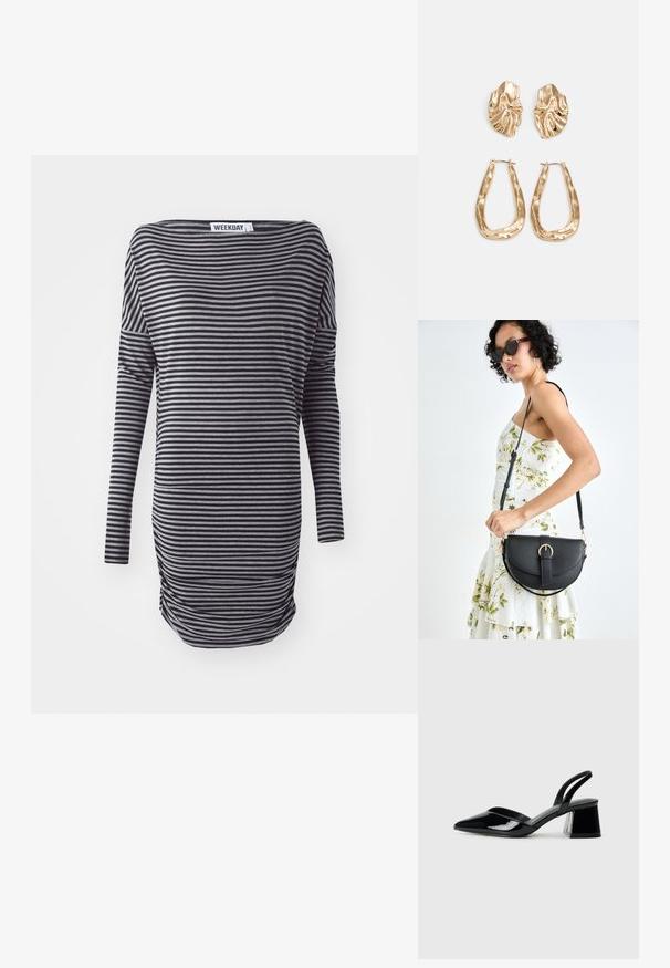 Ribade pikkade varrukatega kleit musta ja halli toonis. Omab vabalt langevat lõiget, ümara kaelusega ja külje kogumise detaile. Valmistatud pehmest kangast.; Mustad musta lakknahk kingad, millel on terav varvas ja geomeetriline plokkkonts. Omab elegantselt minimalistlikku disaini ja sujuvat tekstuuri.; Mustmust mustraha kõverate joontega, eemaldatava rihmaga ja kuldsete detailidega. Kotil on klapp, millel on pandladetail.; Kuldse värvi kõrvarõngad, mis on kaunistatud tekstuursete ja laineliste kujunditega. Komplektis on skulpturaalsed klamber kõrvarõngad ja avatud rõngasdisain, millel on lõhestatud viimistlus.