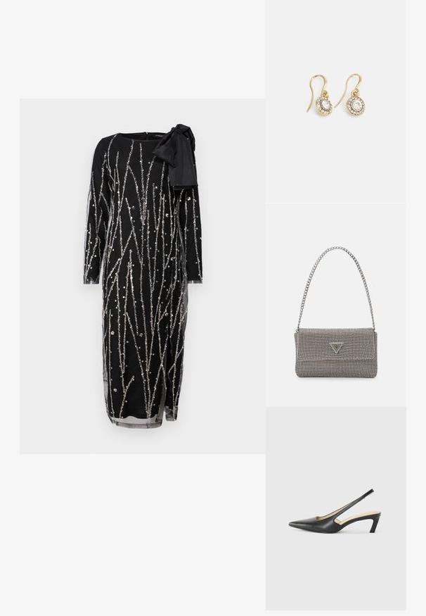 Bruuns Bazaar DAFFI KEIRAS srebrny; Czarny but na obcasie typu slingback z ostro zakończonym noskiem, z niskim obcasem, wykonany z gładkiej skóry, z wycięciem po boku dla lepszej wentylacji.; Jasnoszara metaliczna torebka na łańcuszku, ozdobiona małymi okrągłymi metalowymi ćwiekami oraz trójkątnym logo marki.; Złote kolczyki z owalnymi przezroczystymi kryształami otoczonymi mniejszymi przezroczystymi kamieniami, z zapięciem w formie haka zapewniającym bezpieczne noszenie.