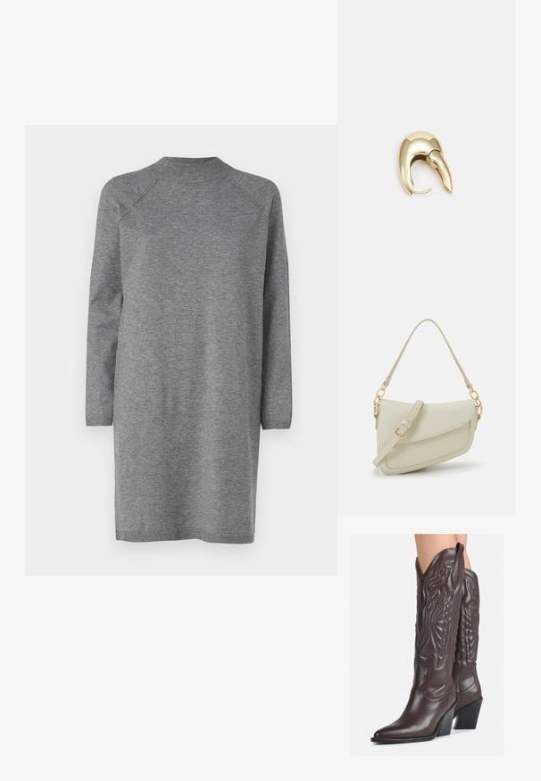 Šedé pletené šaty s kulatým výstřihem a dlouhými rukávy, s rovnýním střihem a ribovanými manžetami a lemem. Hladká textura bez vzorů.; Hnědé kožené kovbojské boty s špičatou špičkou a blokovým podpatkem, se zdobným prošíváním a vyvýšenými akcenty na nárazu.; Malá krémová kabelka s texturovaným povrchem, dlouhým nastavitelným popruhem, řetízkovým akcentem a klopou. Ozdobné detaily zlaté barvy.; Náušnice ve zlatém tónu z kovu s elegantním zakřiveným designem. Vyznačují se jedinečným špičatým tvarem, lesklým povrchem a závěsem na kloub.