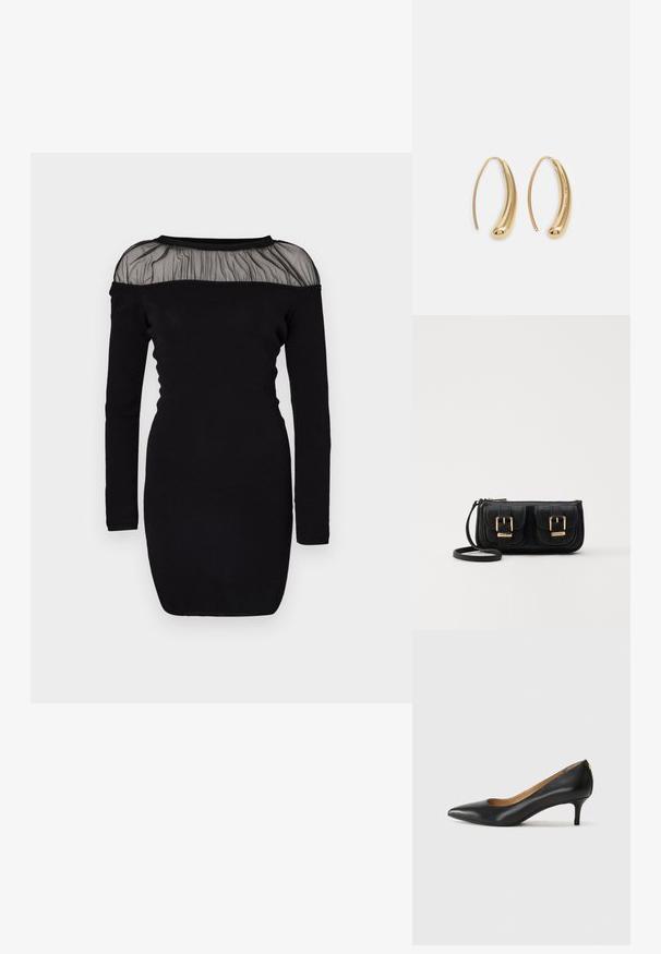 Abito lungo nero a maniche lunghe con un colletto in rete plissettata trasparente. Silhouette aderente con scollatura rotonda e polsini a coste.; Décolleté in pelle nera con punta affilata, tacco basso e texture liscia. Presenta un leggero apertura sulla parte anteriore e hardware minimale sul retro.; Borsa a tracolla nera in pelle con due tasche frontali, fibbie dorate, chiusura con zip e una tracolla sottile. Superficie texturizzata e forma rettangolare compatta.; Orecchini a cerchio in metallo color oro con forma curva ed allungata. Presentano una superficie liscia e lucida e una punta arrotondata per un tocco di dettaglio in più.