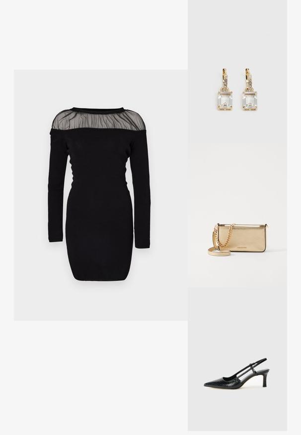 Abito lungo nero a maniche lunghe con un colletto in rete plissettata trasparente. Silhouette aderente con scollatura rotonda e polsini a coste.; Slingback con tacco in vernice nera con punta affusolata, caratterizzato da una stampa a serpente testurizzata, cinturino regolabile e un tacco corto e testurizzato.; Clutch in pelle oro metallizzato con finitura testurizzata, dotata di una tracolla in catena dorata e di una tracolla rimovibile. Logo del marchio impresso.; Orecchini in tonalità dorata con un cristallo trasparente rettangolare sospeso sotto una fila di piccoli accenti trasparenti rotondi. Design elegante e moderno.